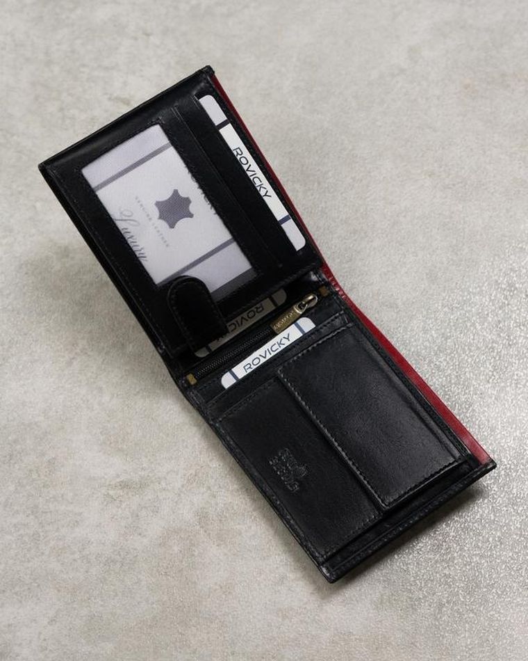 Portfel, czarno-czerwony, skórzany, RFID, Rovicky