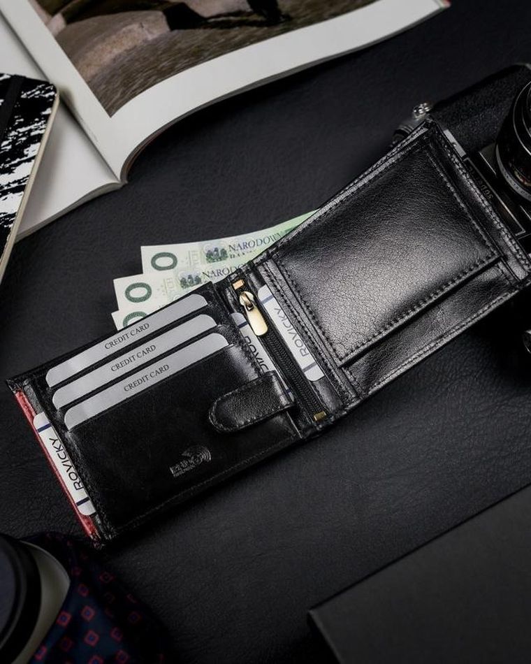 Portfel, czarno-czerwony, Skórzany, RFID, Rovicky