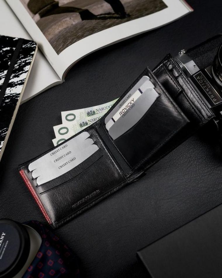Portfel, czarno-czerwony, skórzany, RFID, Rovicky