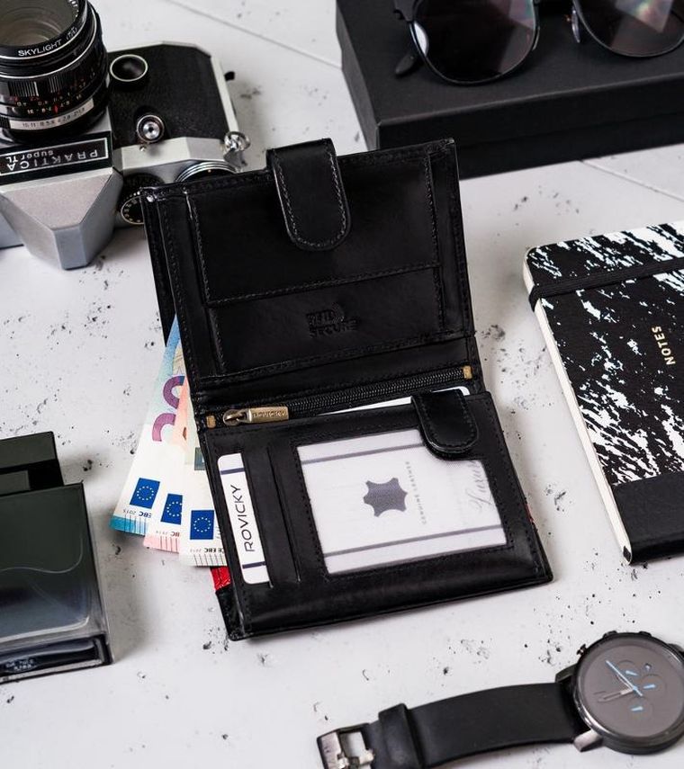 Portfel, czarno-czerwony, skórzany, RFID, Rovicky