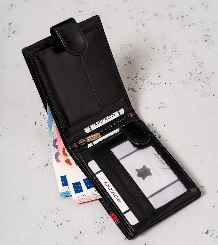 Portfel, czarno-czerwony, skórzany, RFID, Rovicky