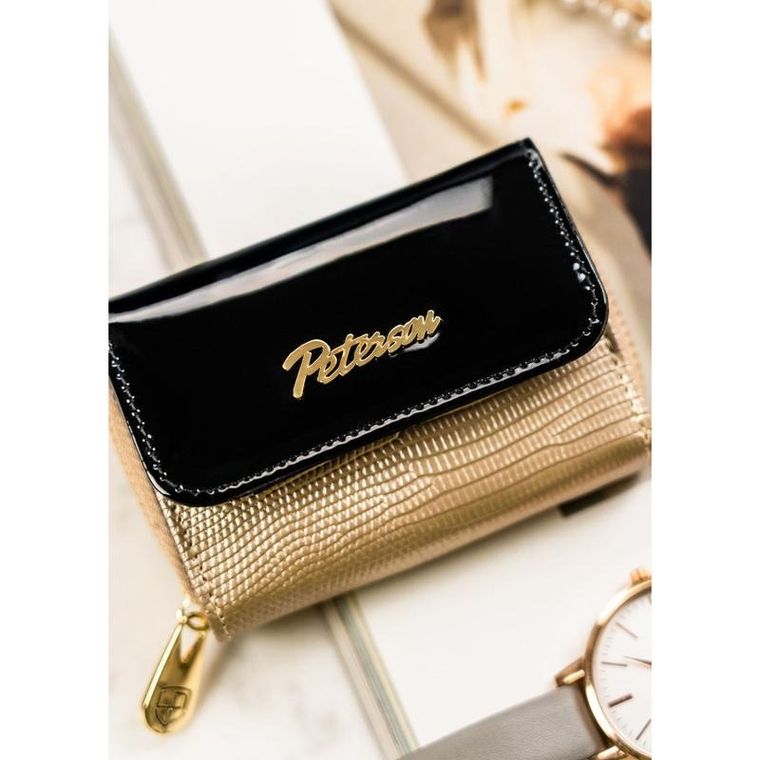 Portfel, czarno-złoty, skórzany, Petereson