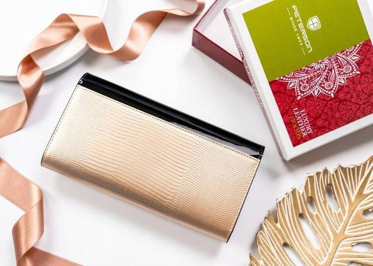 Portfel, czarno-złoty, skórzany, RFID, Peterson