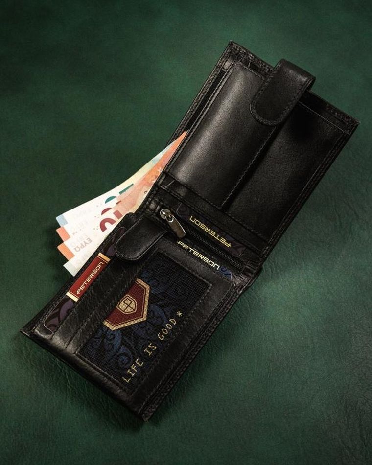 Portfel, czarny, skórzany, RFID Protect, Peterson