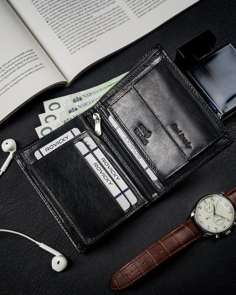 Portfel, czarny, skórzany, RFID, Rovicky