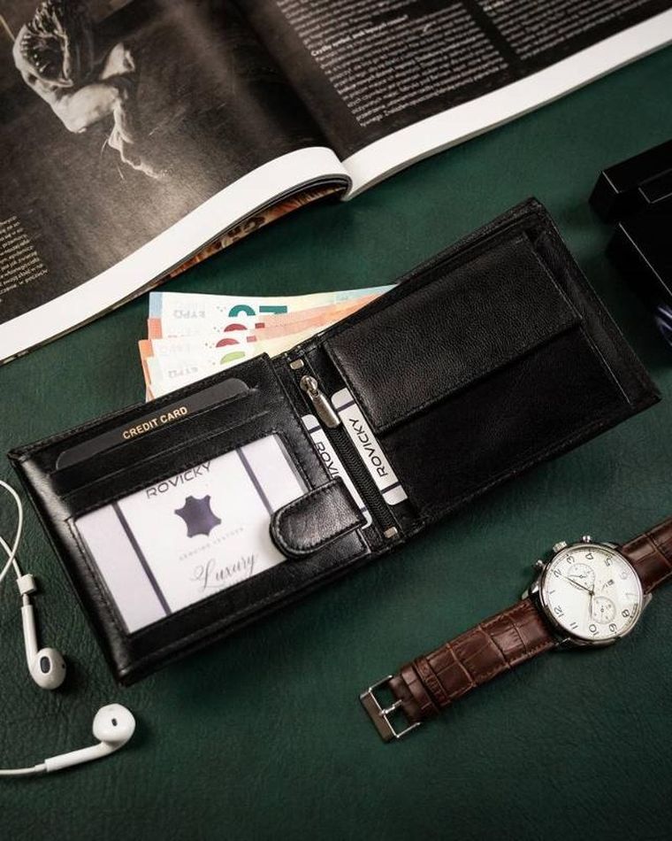 Portfel, czarny, skórzany, RFID, Rovicky