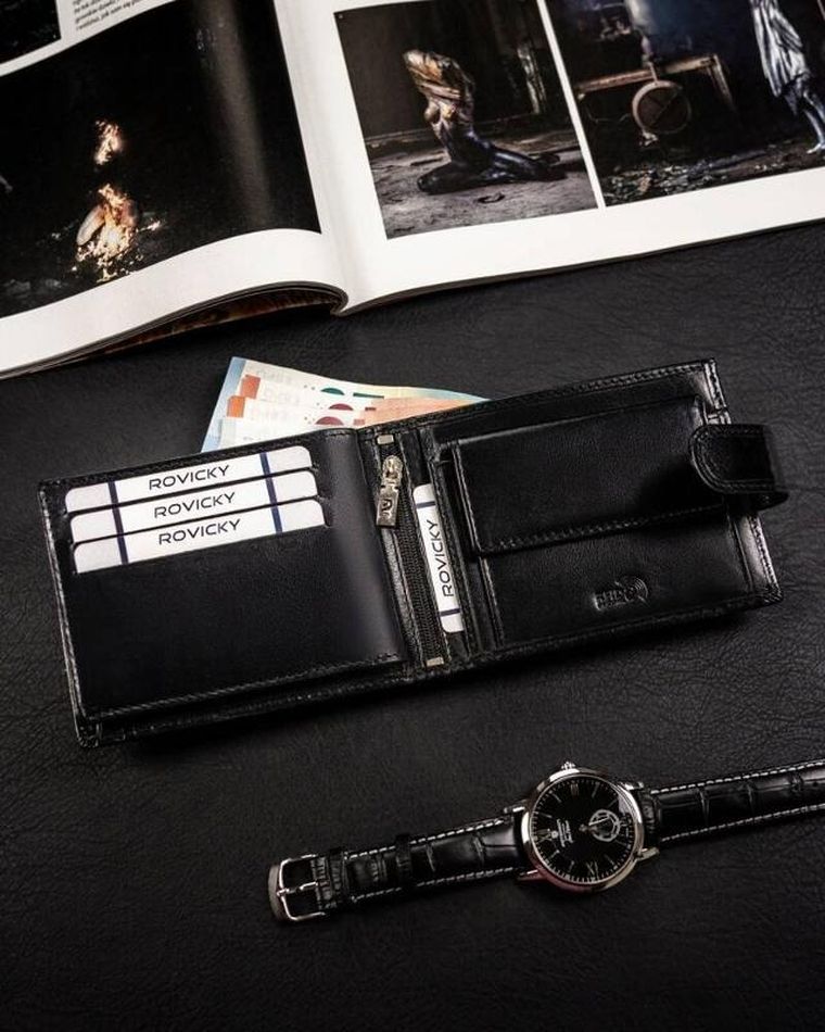 Portfel, czarny, skórzany, RFID, Rovicky