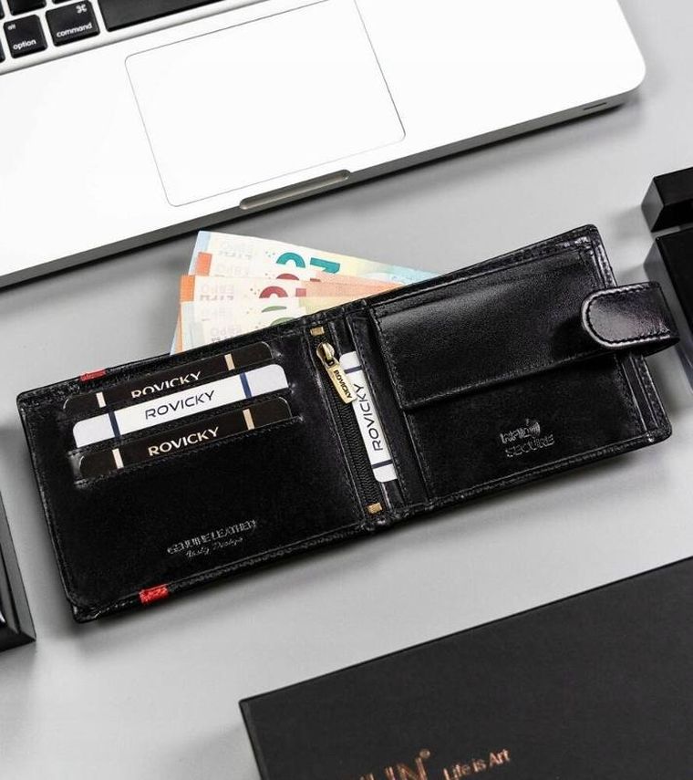 Portfel, czarny, skórzany, RFID, Rovicky