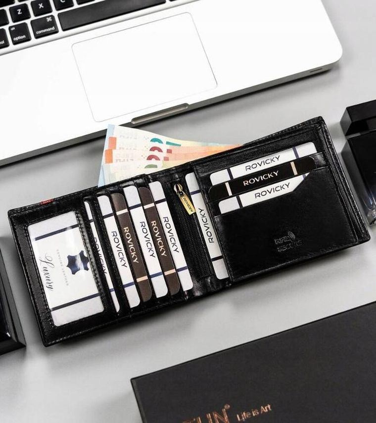 Portfel, czarny, skórzany, RFID, Rovicky