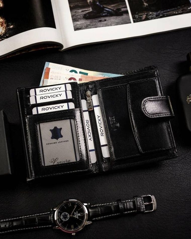 Portfel, czarny, skórzany, Rovicky