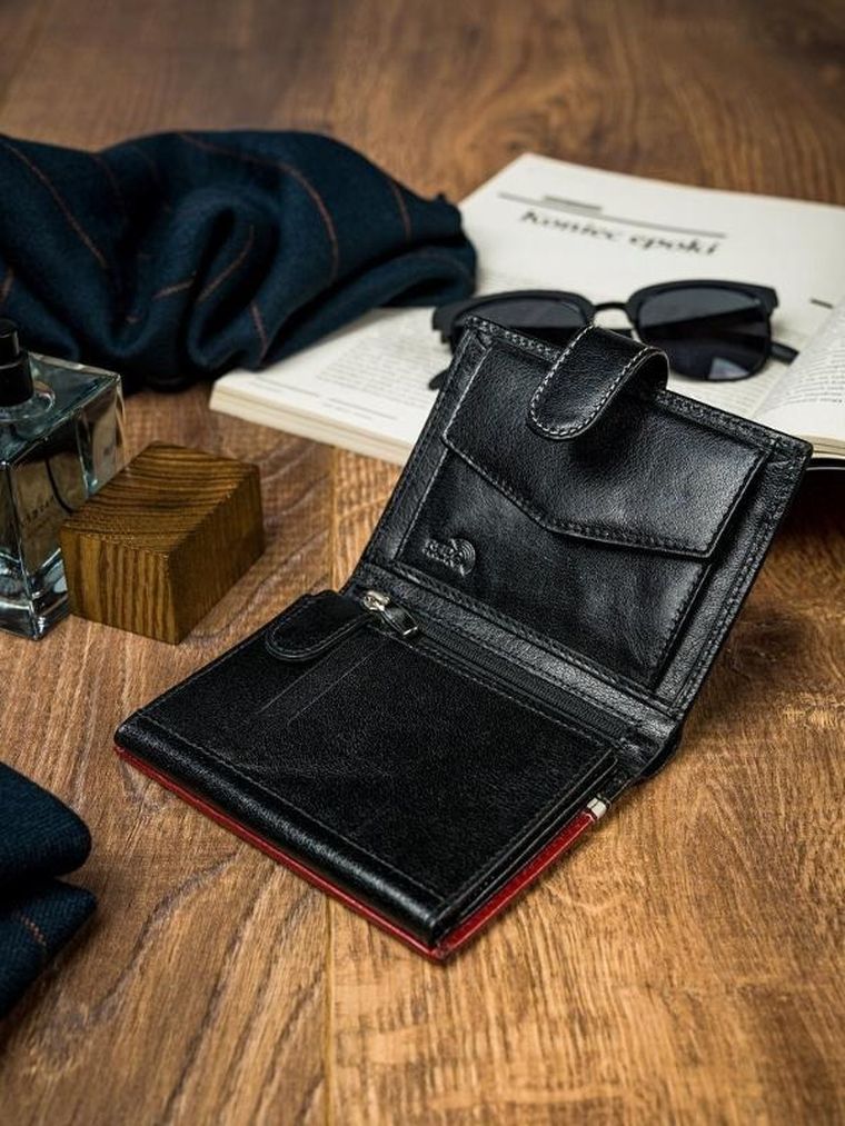 Portfel, czerwono-czarny, skórzany, RFID, Rovicky