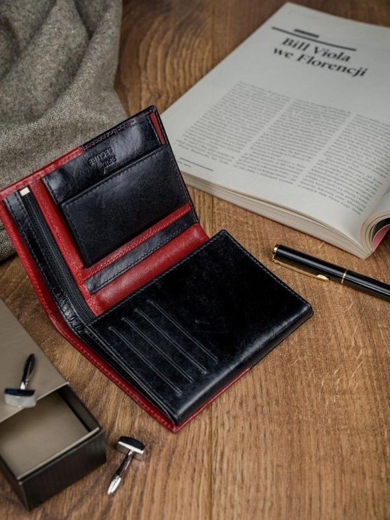 Portfel, czerwono-czarny, skórzany, RFID, Rovicky