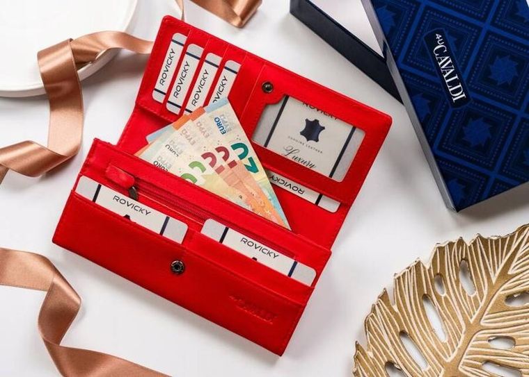 Portfel, czerwony, skóra ekologiczna, RFID, Cavaldi