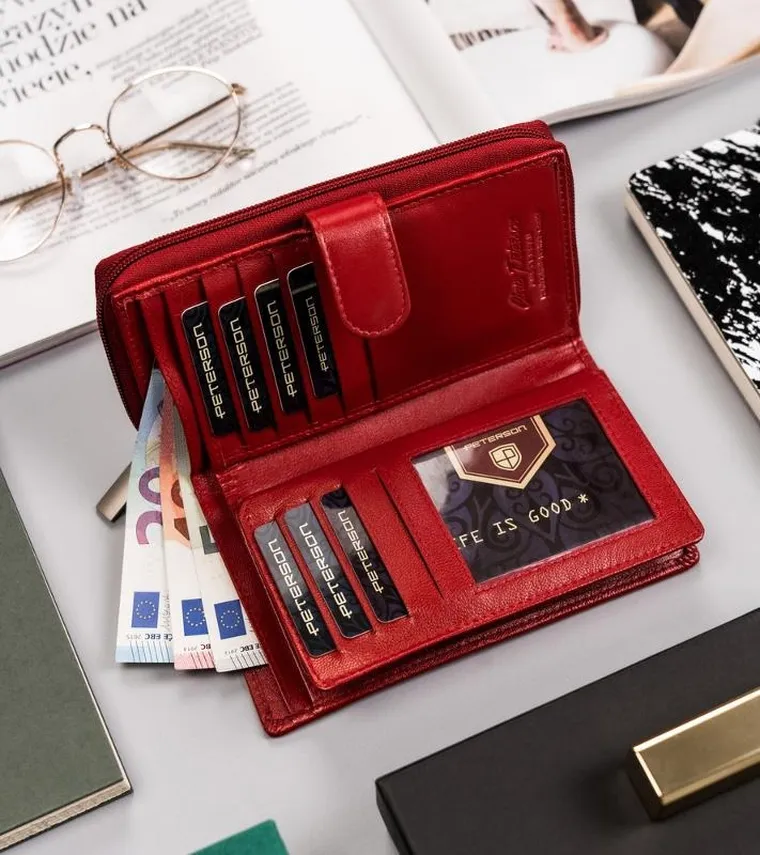 Portfel, czerwony, skórzany, RFID, Peterson