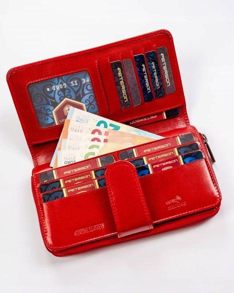 Portfel, czerwony, skórzany, RFID, Peterson