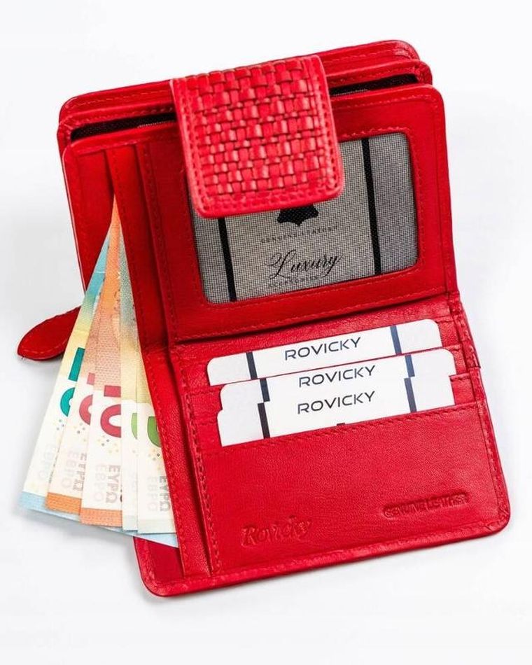Portfel, czerwony, skórzany, RFID, Rovicky