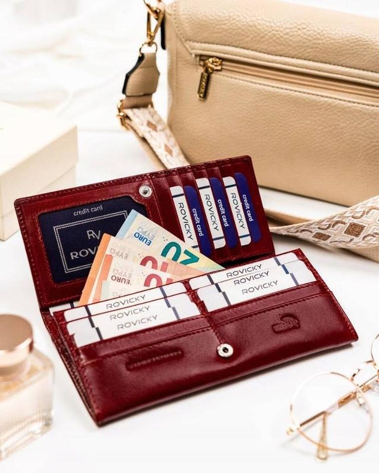 Portfel, czerwony, skórzany, RFID, Rovicky
