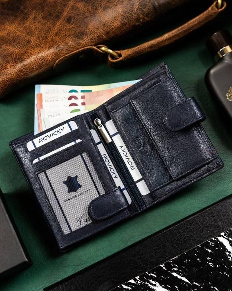 Portfel, granatowy, skórzany, RFID, Rovicky