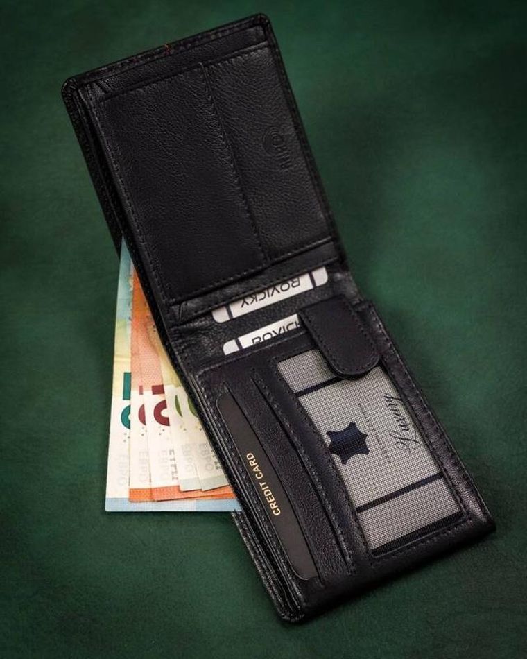 Portfel, granatowy, skórzany, RFID, Rovicky