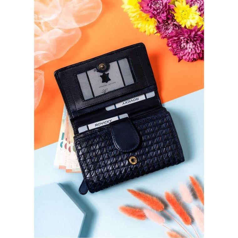 Portfel, granatowy, skórzany, RFID, Rovicky