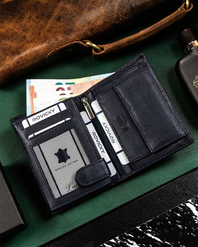 Portfel, granatowy, skórzany, Rovicky