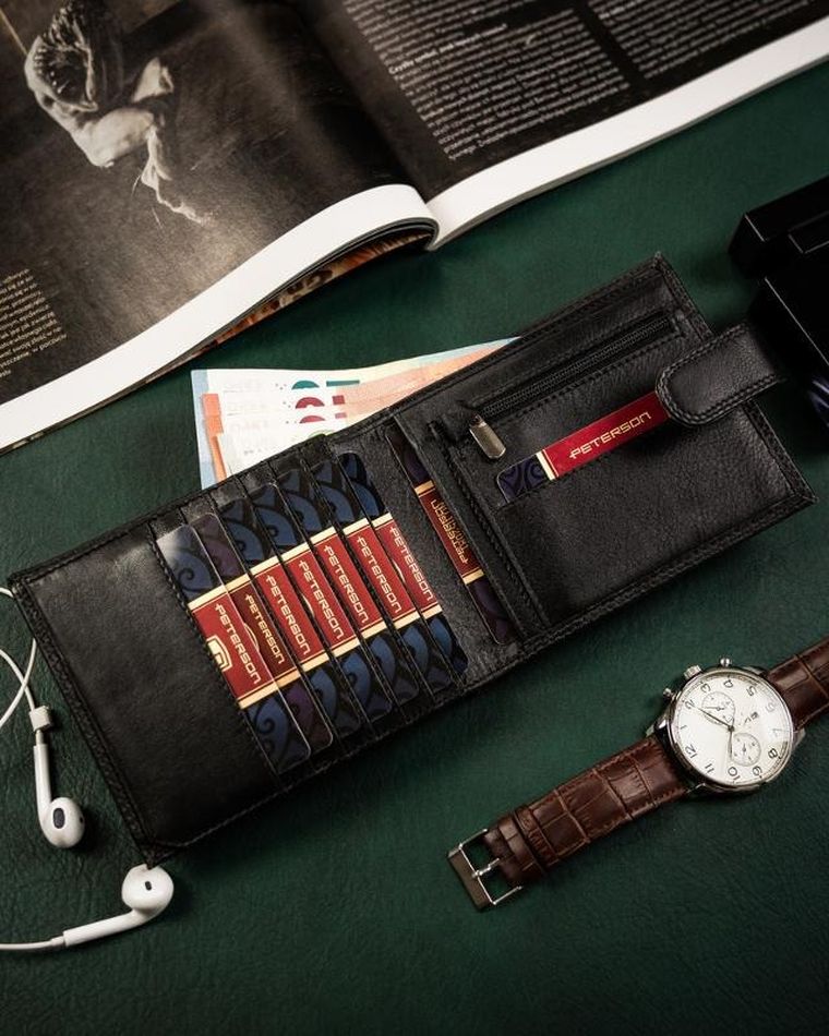 Portfel na karty, czarny, skórzany, Peterson