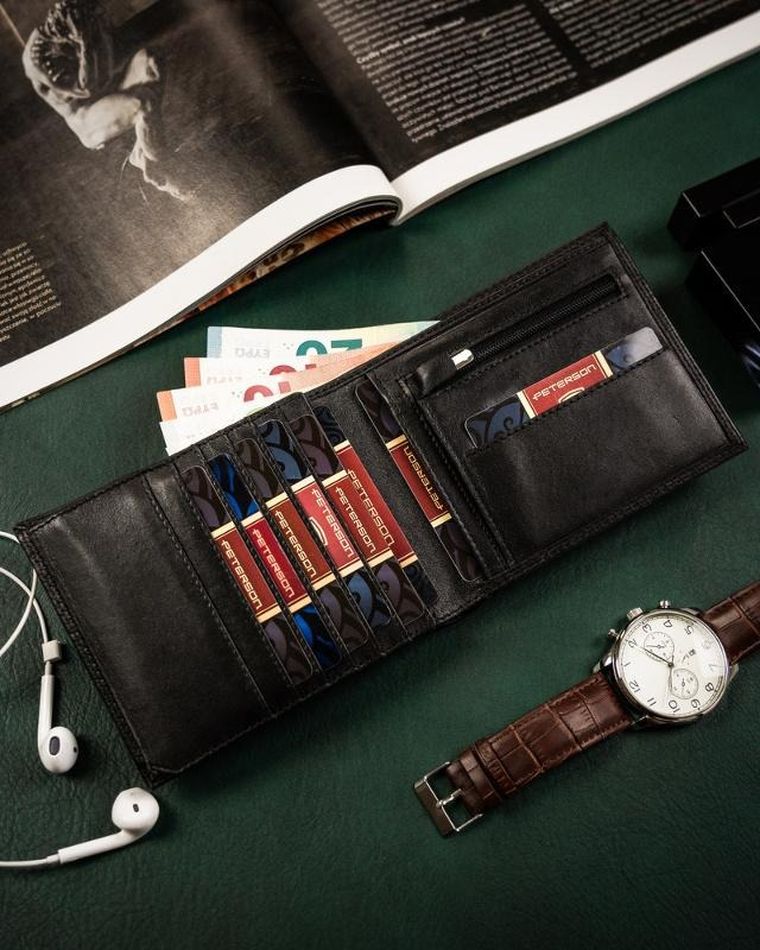 Portfel na karty, czarny, skórzany, Peterson