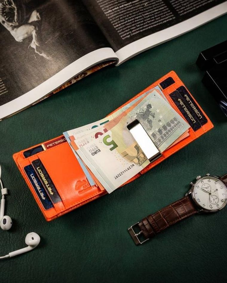 Portfel z kieszonką na kartę, czarno-pomarańczowy, skórzany, Peterson