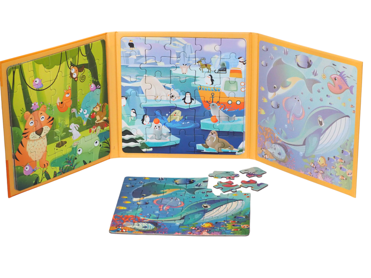 QBI, świat zwierząt, puzzle magnetyczne, 25+30+42 elementów