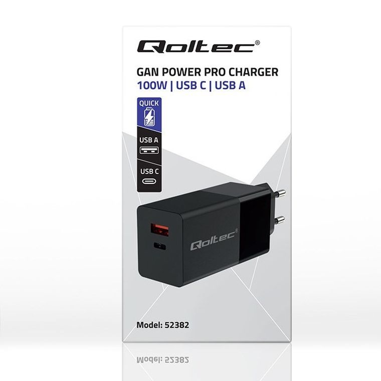 Qoltec, Gan Power Pro, ładowarka, 1XUSB-C, 1XUSB, 100W, 5-20V, 1.5-5A, PD, czarna