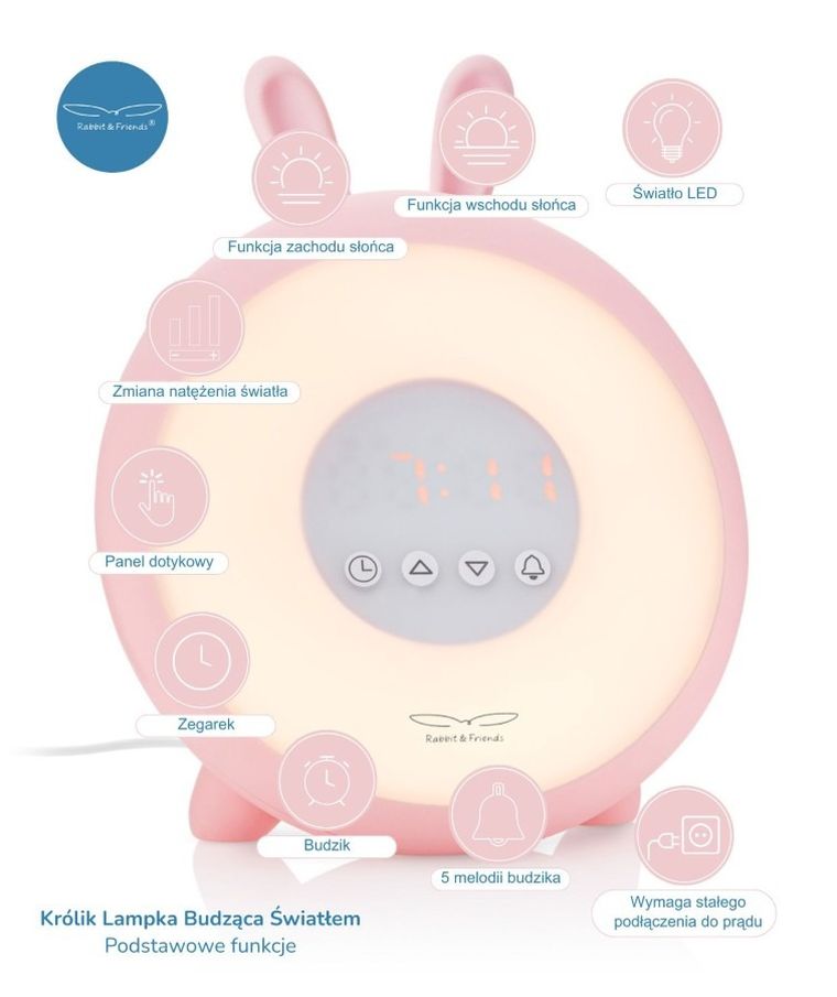 Rabbit & Friends, Królik, lampka budząca światłem, różowa