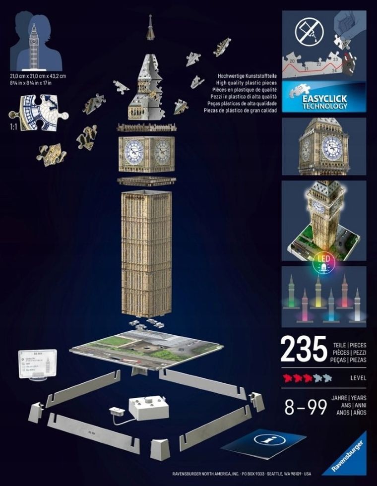Ravensburger, Iconics, Big Ben, puzzle 3D LED, 224 elementy