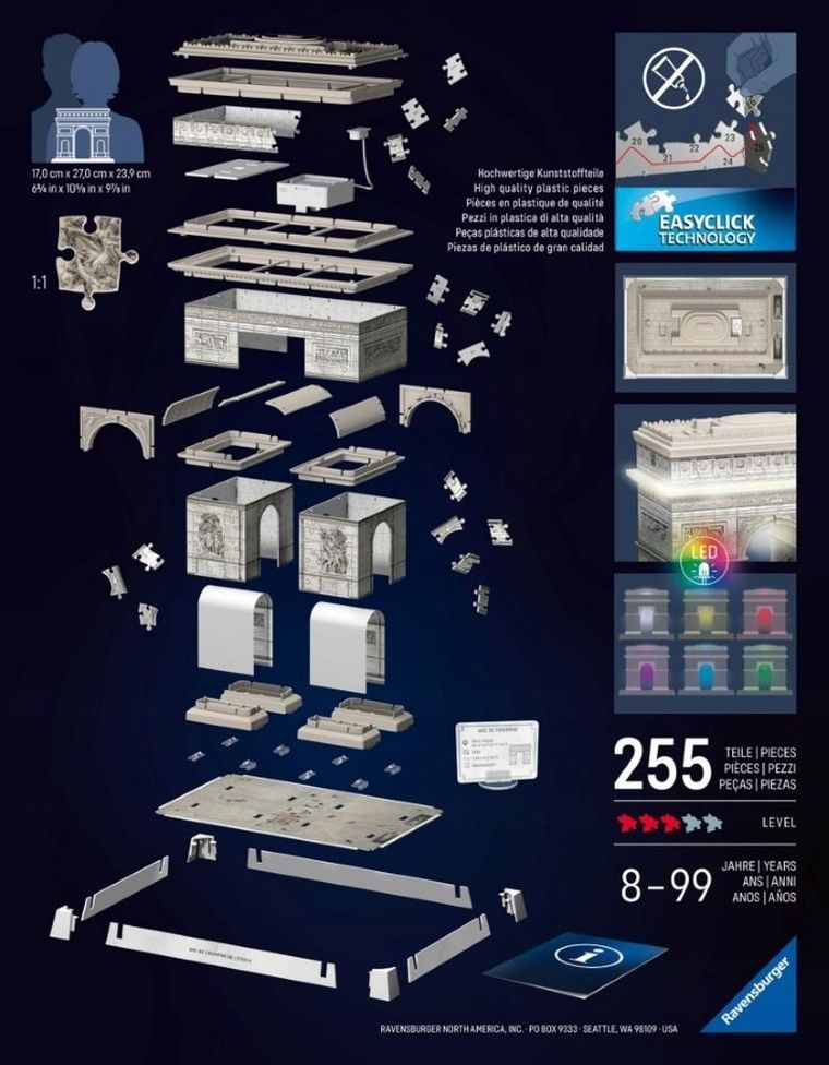 Ravensburger, Iconics, Łuk Triumfalny, puzzle 3D LED, 224 elementy