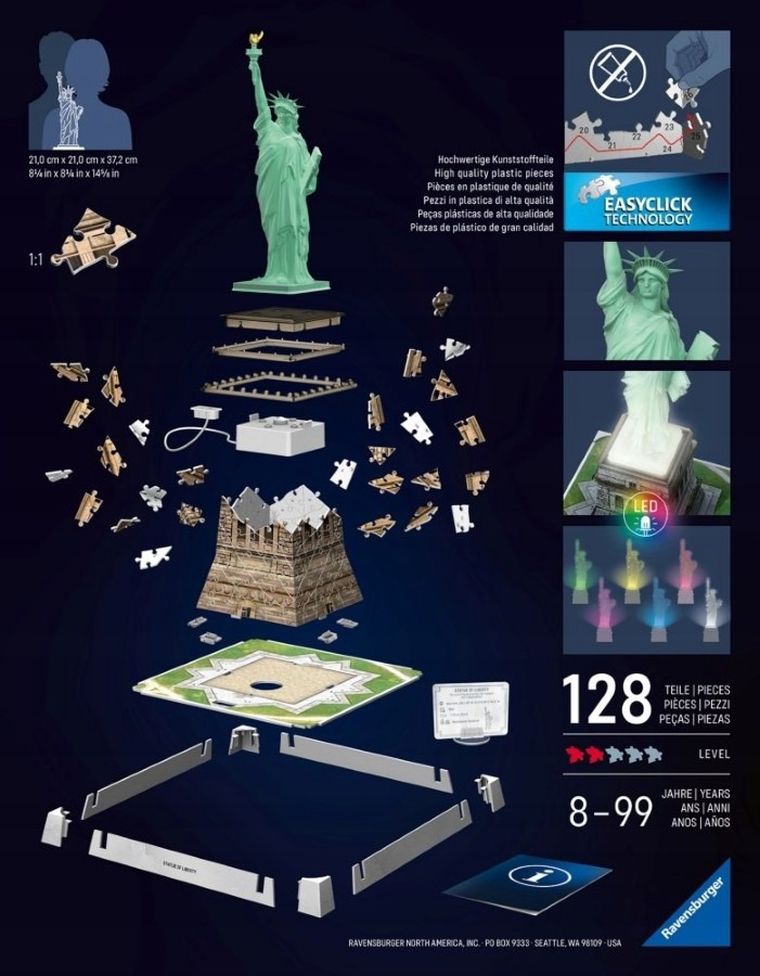 Ravensburger, Iconics, Statua Wolności, puzzle 3D LED, 128 elementów