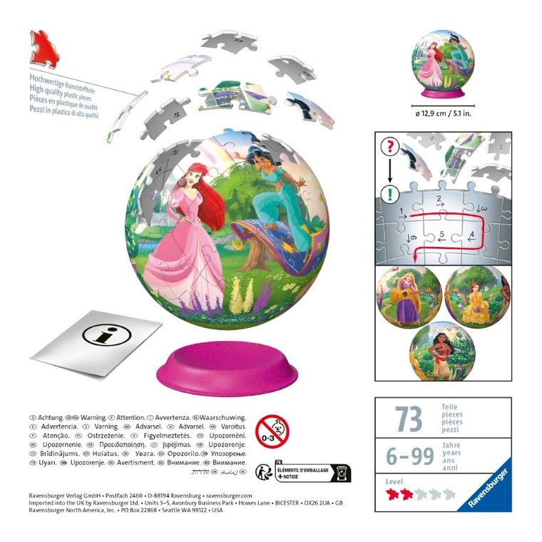 Ravensburger, Księżniczki Disneya, Kula, puzzle 3D, 73 elementy