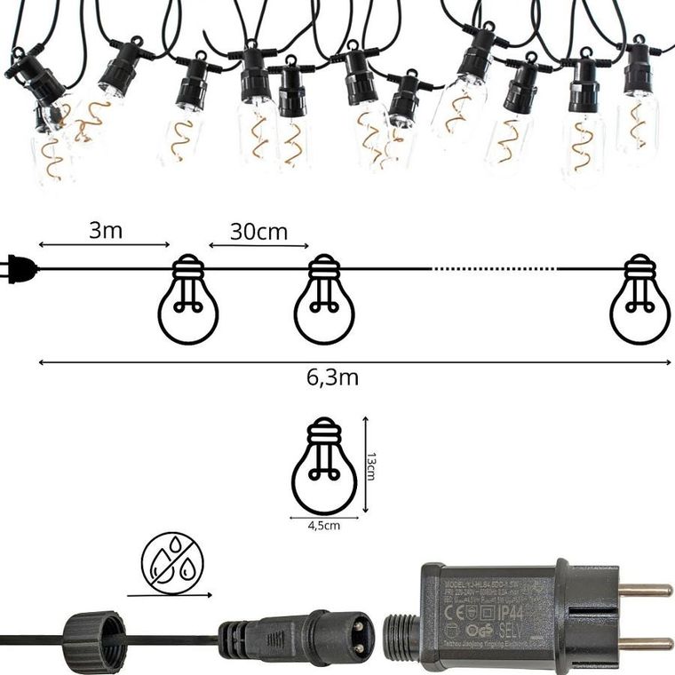 Saska Garden, Party Light, girlanda zewnętrzna, 12 żarówek spiralnych, LED, 6,3m, 230V