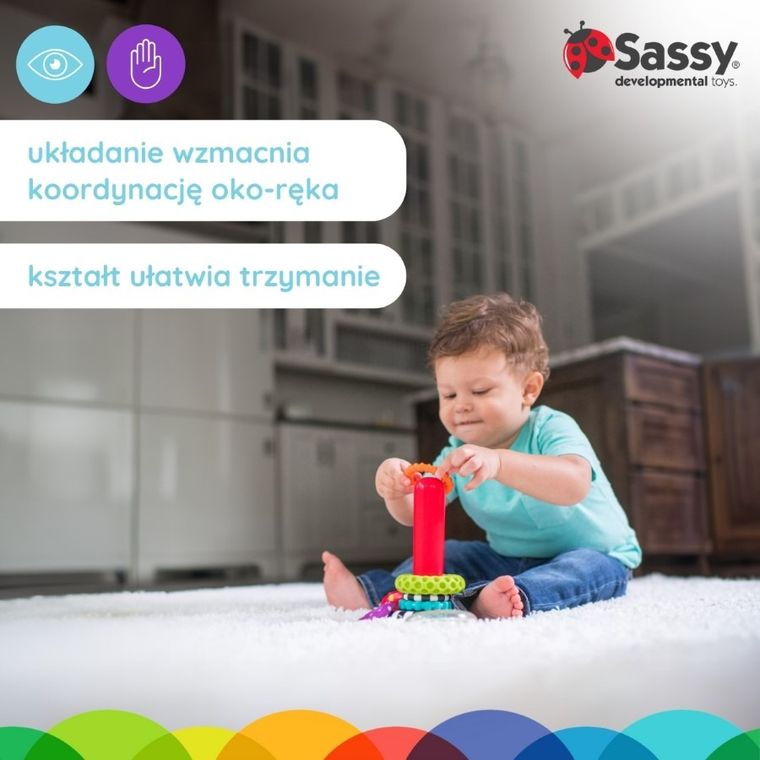 Sassy, piramidka z kółek, zabawka niemowlęca