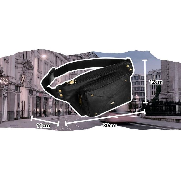 Saszetka na biodro, nerka, czarna, skórzana, Peterson