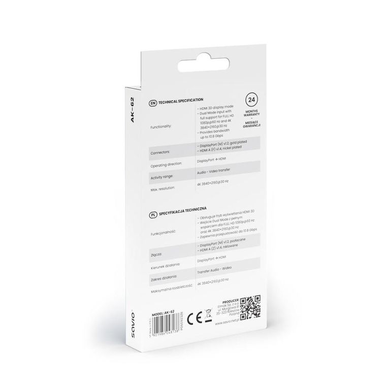 Savio, adapter, DISPLAYPORT (M) V1.2 - HDMI A (F) V1.4, 4K, AK-62