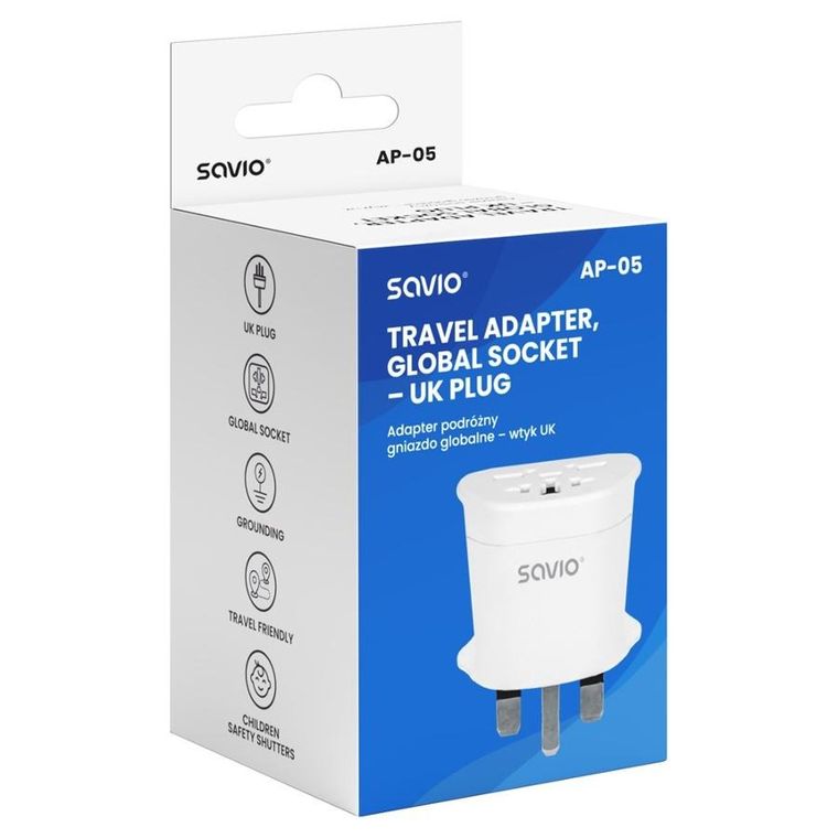 Savio, adapter podróżny, gniazdo globalne, wtyk UK, AP-05