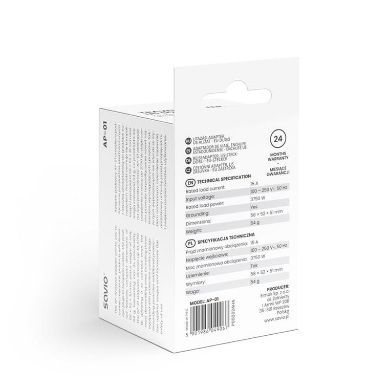 Savio, adapter podróżny, gniazdo US, wtyk EU, AP-01