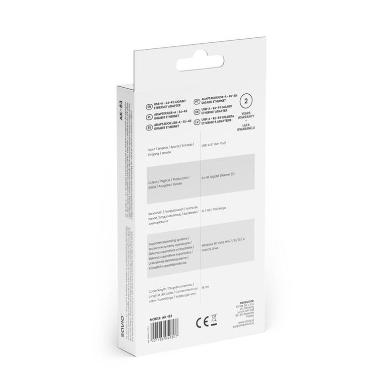 Savio, adapter, USB-A - RJ-45, GIGABIT ETHERNET, AK-83