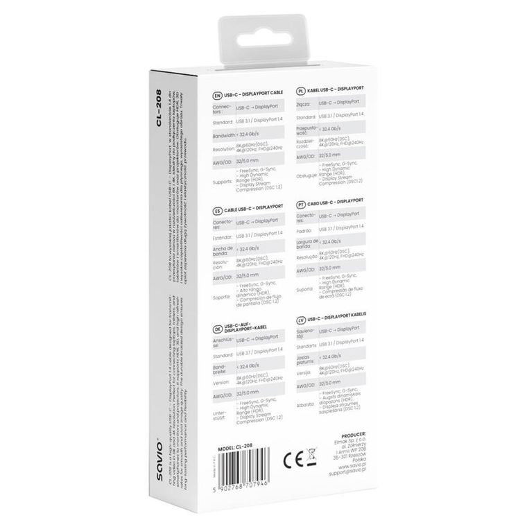 Savio, kabel USB-C - DISPLAYPORT 8K 2M 60HZ (DSC) CL-208