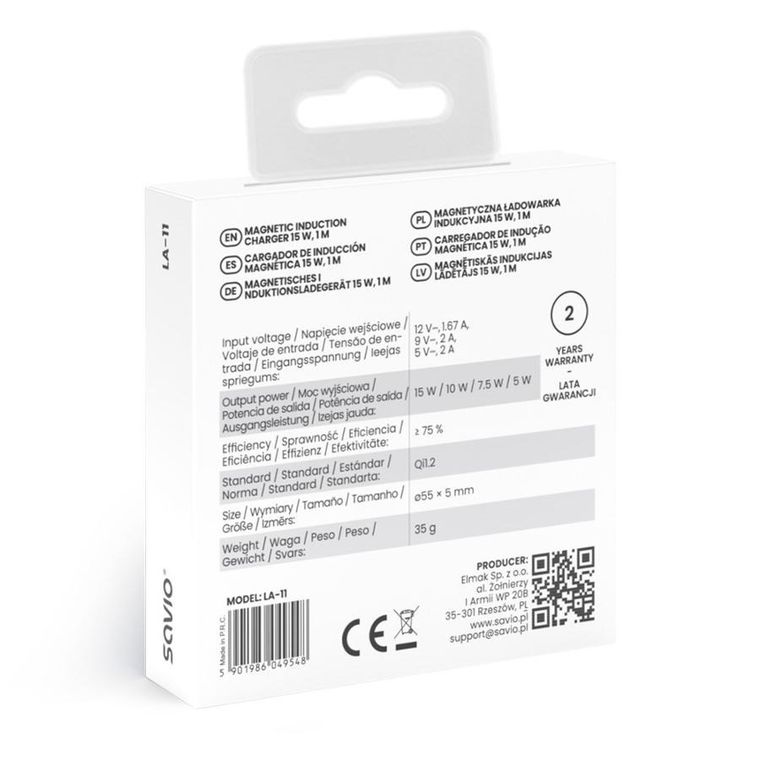 Savio, ładowarka indukcyjna, 15W, 1M, LA-11