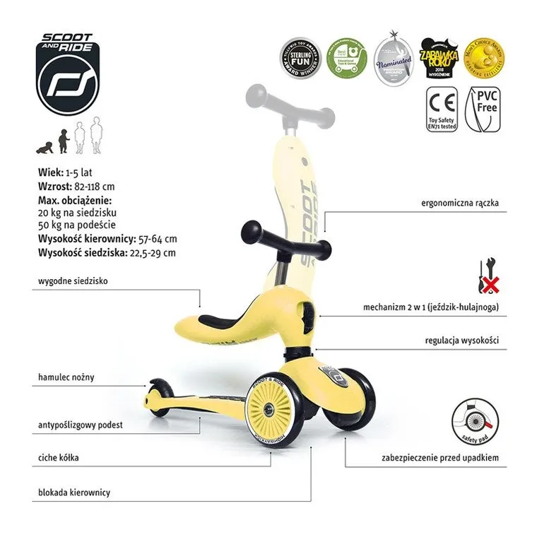 Scoot & Ride, Highwaykick 1, jeździk i hulajnoga 2w1, Lemon