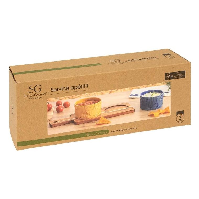 Secret de Gourmet, miseczki do dipów, Soleya, 2 naczynia i deska z akacji
