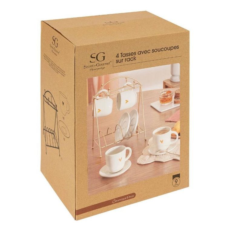 Secret de Gourmet, zestaw do kawy: 4 porcelanowe kubki i spodki, na stojaku, Floral, 170 ml