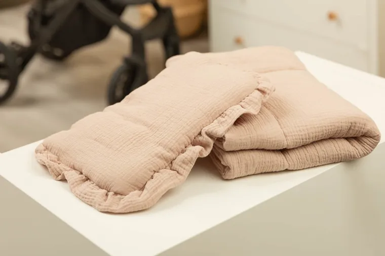 Sensillo, komplet do wózka z falbanką, muślinowy, beżowy