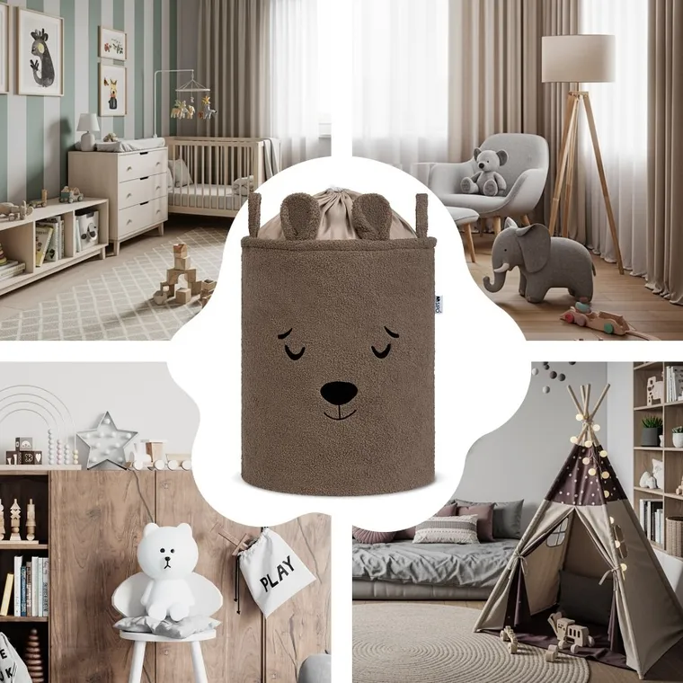 Sipo, Miś, kosz na zabawki XL, premium boucle, zamykany na ściągacz, brązowy