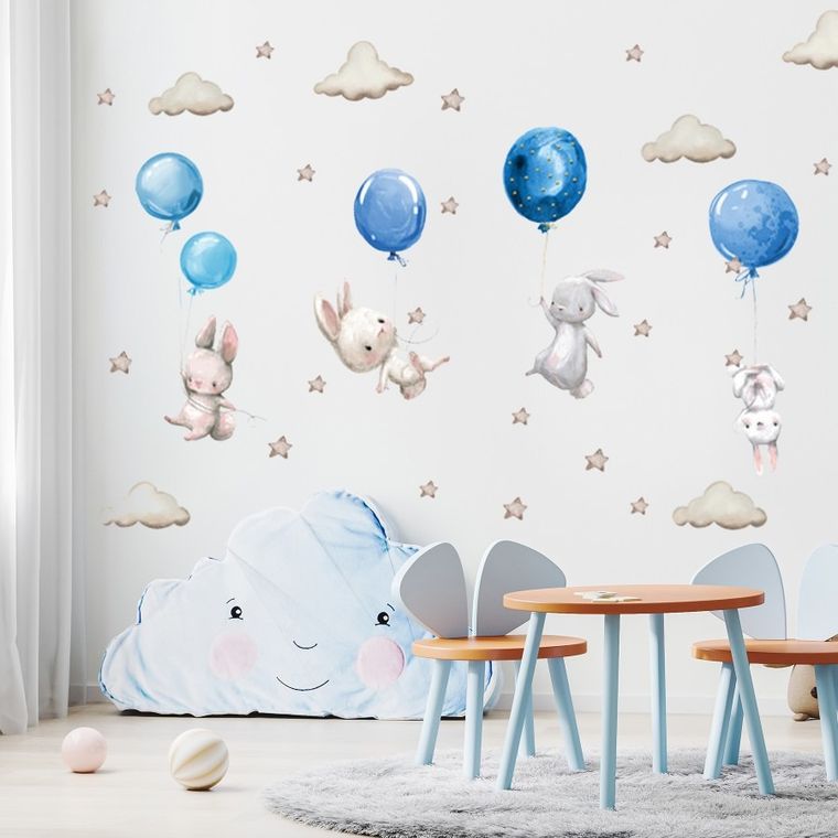 Sipo, naklejki na ścianę do pokoju dziecięcego, Króliczki i niebieskie balony
